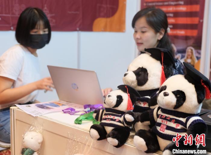 北京理工大學帶來可愛熊貓玩偶，頗為吸睛 陳悅 攝