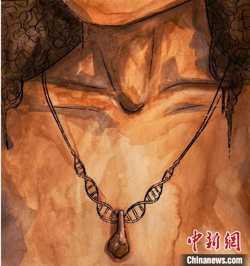 墜飾藝術(shù)再現(xiàn)圖，圖中吊墜繩為DNA螺旋樣式(圖片作者Myrthe Lucas)?！∈┢樟指瘛ぷ匀?供圖