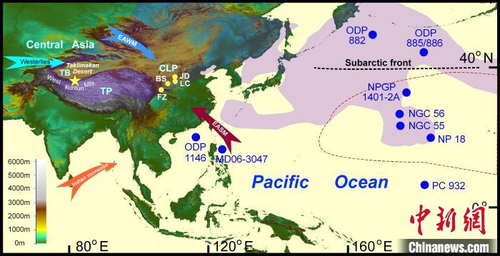 塔里木沙塵傳輸至北太平洋的路徑(陰影區(qū))及西昆侖山黃土巖芯位置(五角星)。　中科院青藏高原所 供圖