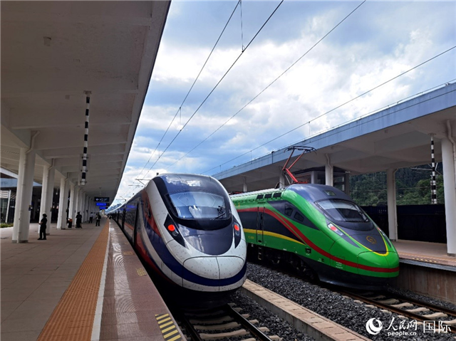 “復(fù)興號(hào)”和“瀾滄號(hào)”國(guó)際旅客列車?？吭诶蠐肽ザ≌?。人民網(wǎng) 杜明明攝