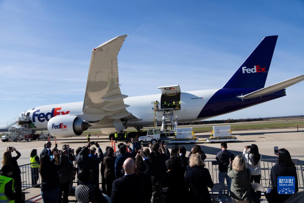 11月8日，在美國弗吉尼亞州的華盛頓杜勒斯國際機(jī)場(chǎng)，裝有大熊貓的特制“旅行包廂”準(zhǔn)備運(yùn)上專機(jī)。新華社記者劉杰攝