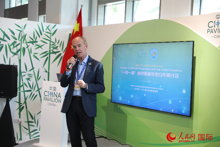 綠色聯(lián)盟聯(lián)合主席、世界自然基金會國際特使蘭博蒂尼在“一帶一路”綠色低碳轉(zhuǎn)型合作研討會上發(fā)言。人民網(wǎng)記者 張志文攝