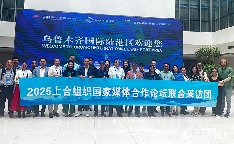 5月26日，外國媒體人在烏魯木齊國際陸港區(qū)合影留念。 人民網(wǎng)記者 翟轉(zhuǎn)麗攝