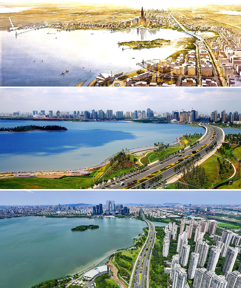 拼版照片：上圖為1994年繪制的蘇州工業(yè)園區(qū)手繪規(guī)劃圖；中圖為2007年拍攝的蘇州工業(yè)園區(qū)；下圖為2023年7月4日用無人機(jī)拍攝的蘇州工業(yè)園區(qū)。