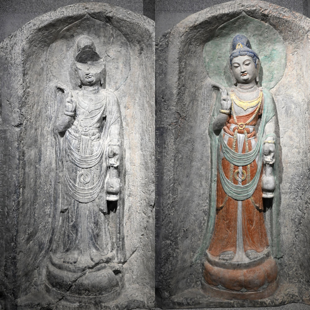左圖為龍門石窟萬佛洞窟前南壁菩薩造像的3D打印模型；右圖為利用數(shù)字化技術(shù)復(fù)原后的3D打印模型（2025年4月10日攝，拼版照片）。復(fù)原后的像龕精妙絕倫，栩栩如生，被游客譽(yù)為“龍門最美菩薩”。圖片來源新華社