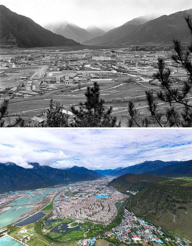 拼版照片：上圖是20世紀90年代的西藏林芝八一鎮(zhèn)；下圖是2021年7月20日拍攝的西藏林芝八一鎮(zhèn)風貌。