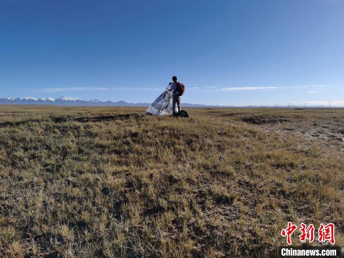 圖為索南達(dá)杰保護(hù)站保護(hù)隊(duì)員在可可西里找到露營的葉某?！∴嚭Ｆ?攝