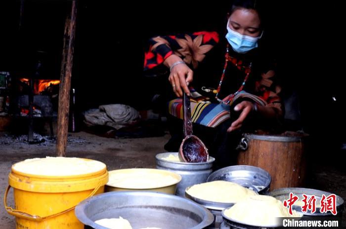 圖為牧民正在制作酥油?！∪湛t文聯(lián)供圖