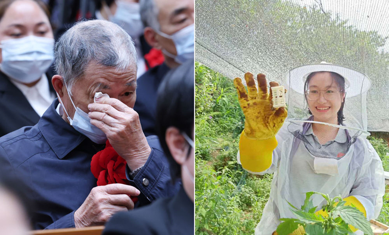 左圖為2021年2月25日，黃文秀的父親黃忠杰在全國脫貧攻堅表彰大會上；右圖為黃文秀生前工作照。